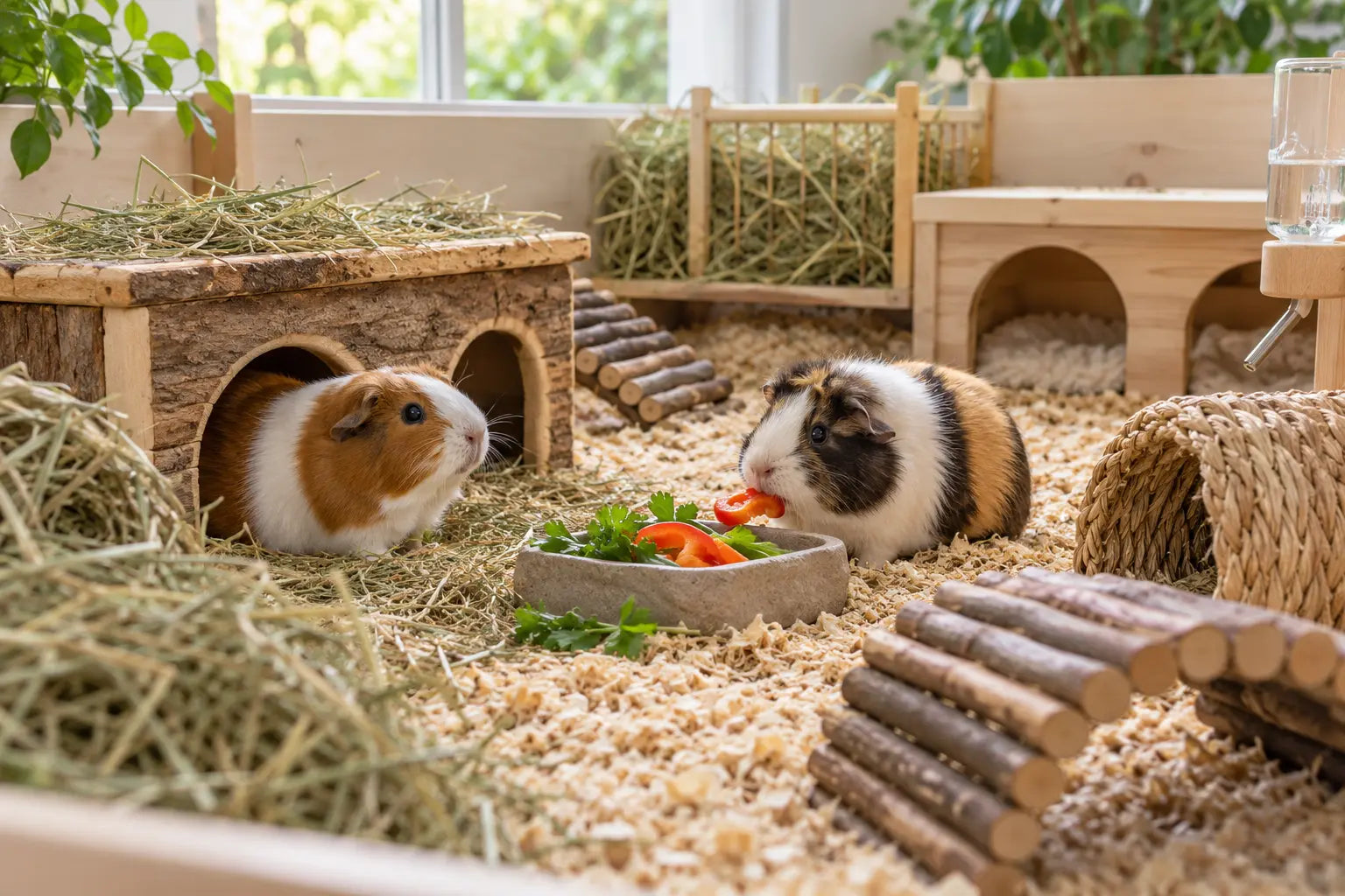 Twee cavia’s zitten samen in een ruim verblijf met hooi en schuilplekken