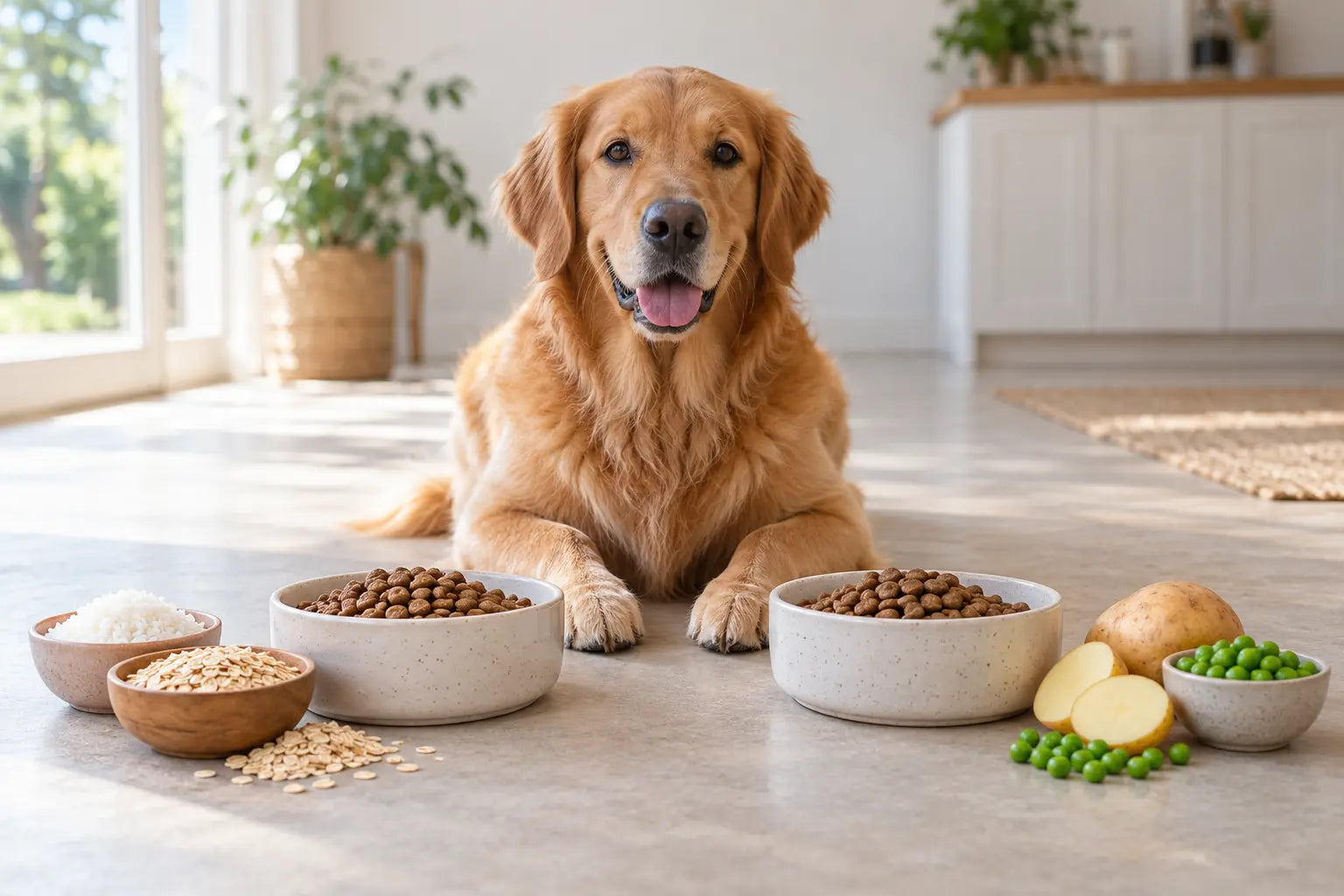 Hond staat bij twee voeropties met verschillende koolhydraatbronnen