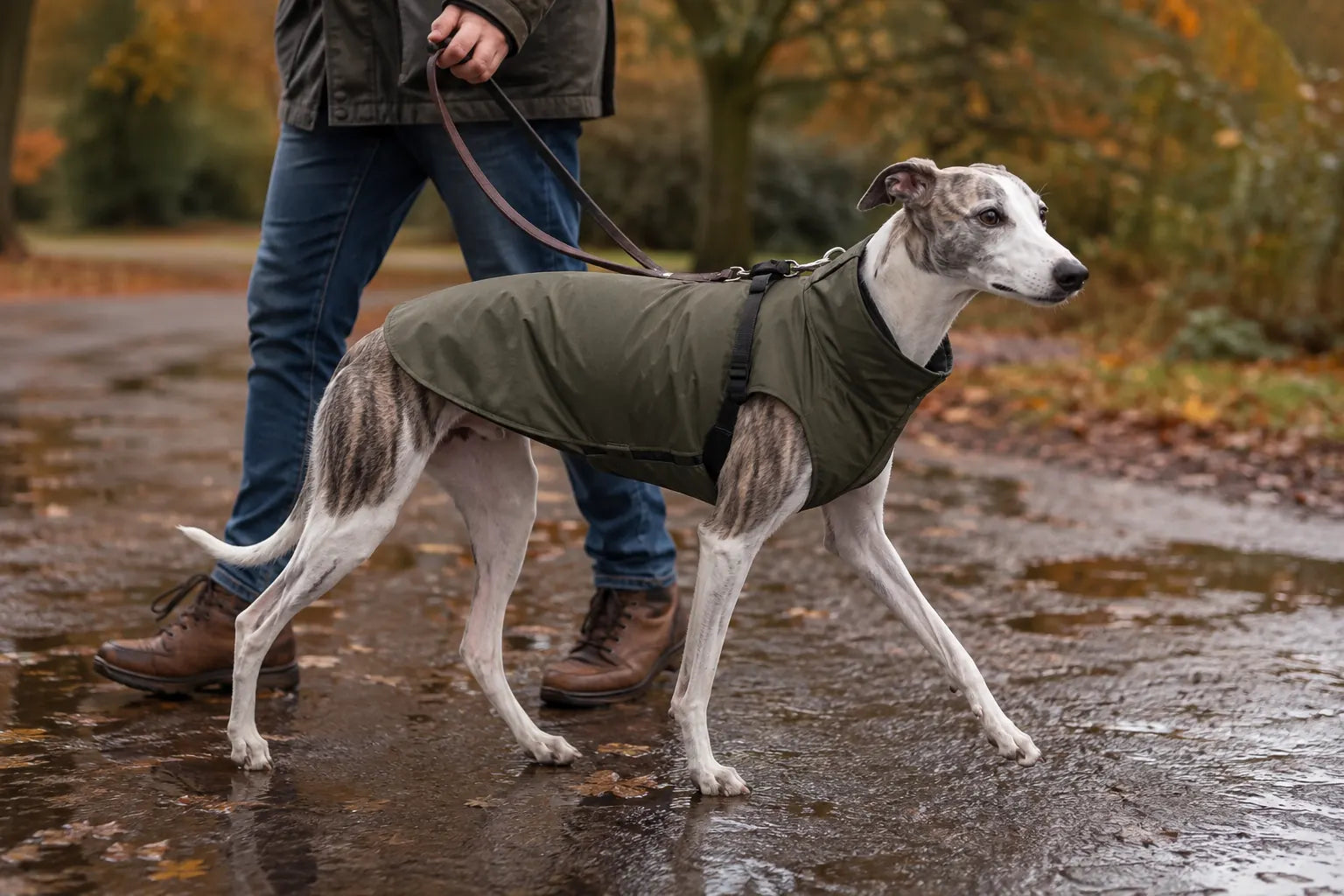 Kortharige windhond loopt comfortabel in een goed passende regenjas