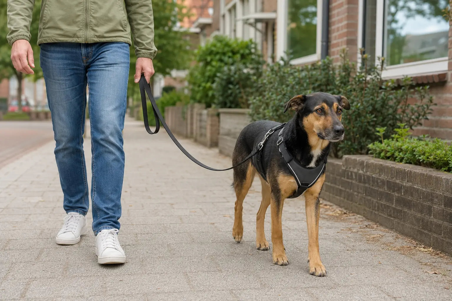 Hond wandelt rustig aan een vaste hondenriem met goed passend tuig