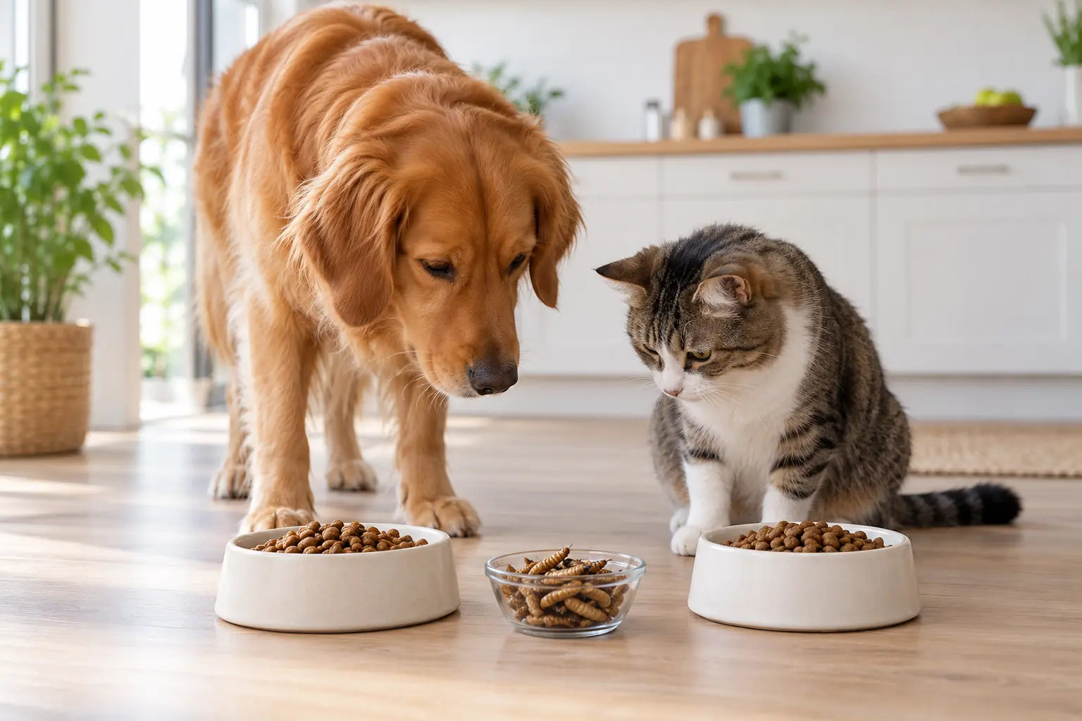 Hond en kat bekijken voer met insecteneiwit als alternatieve eiwitbron