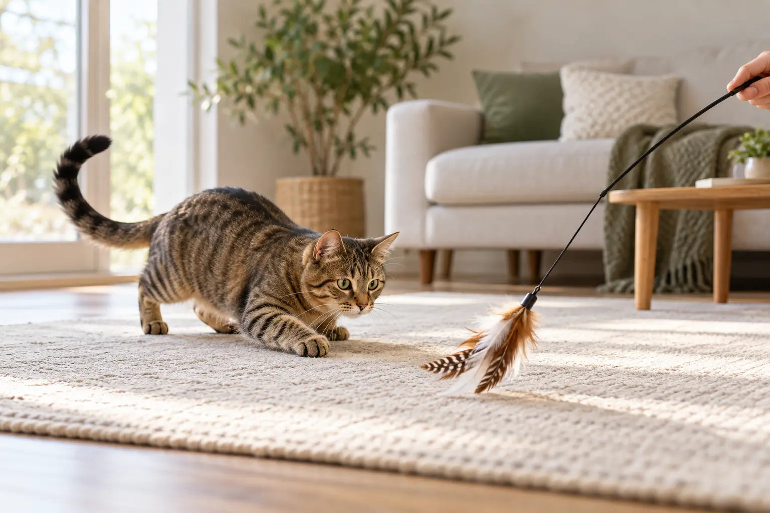 Cyperse kat besluipt een verenhengel tijdens een speelsessie in de woonkamer