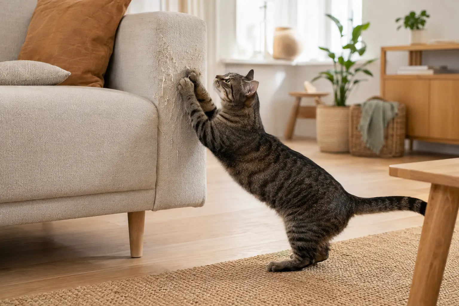 Kat krabt aan de hoek van een stoffen bank in de woonkamer