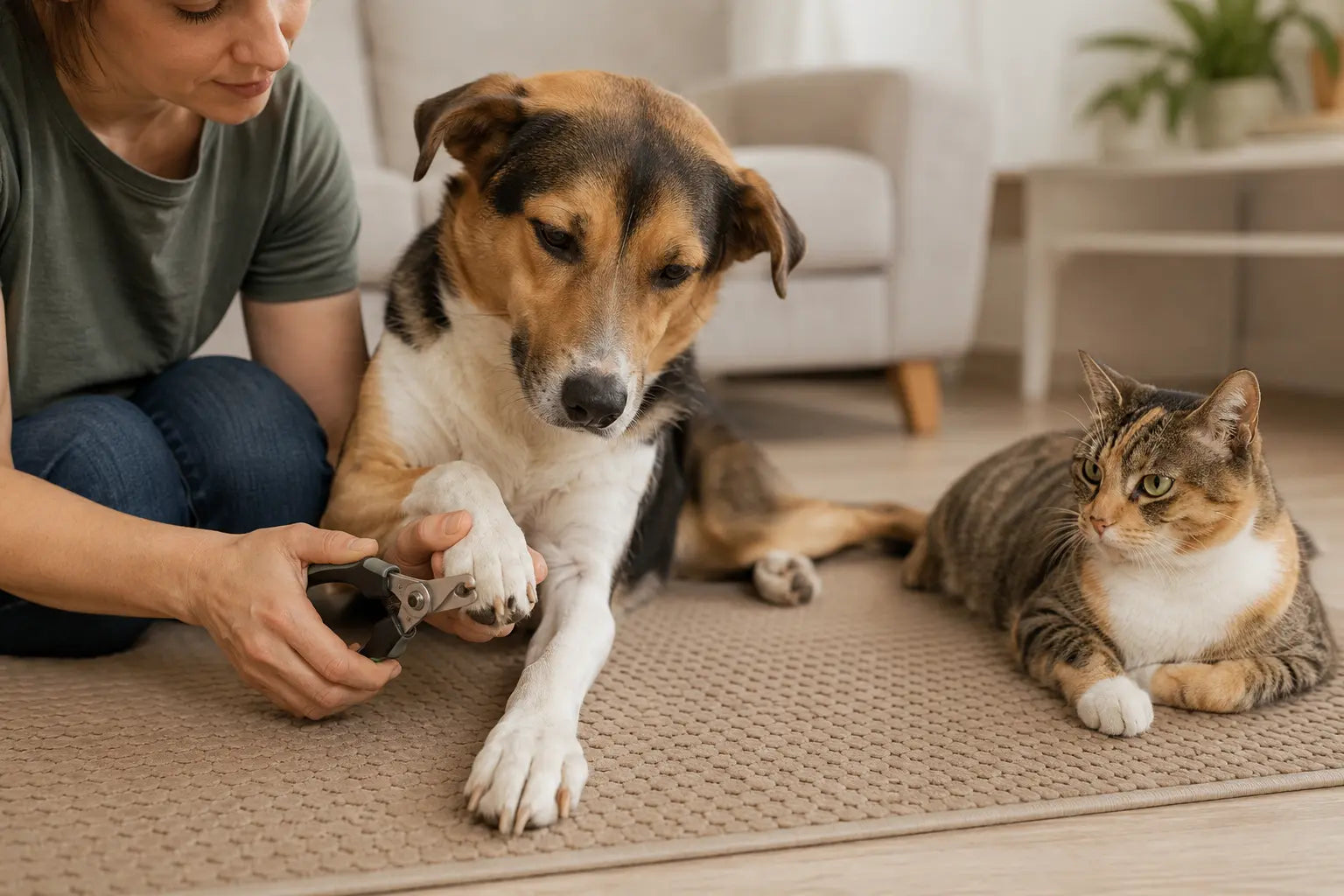 Baasje knipt rustig de nagels van een hond terwijl een kat erbij ligt