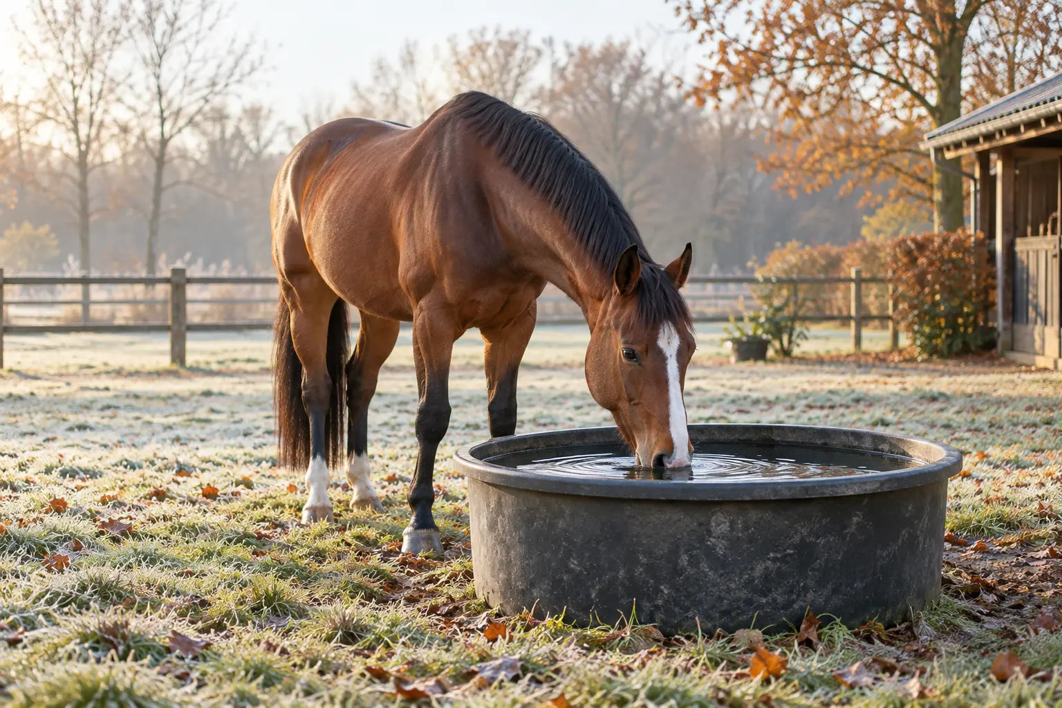 Bruin paard drinkt schoon water uit een vorstvrije drinkbak in een koude paddock