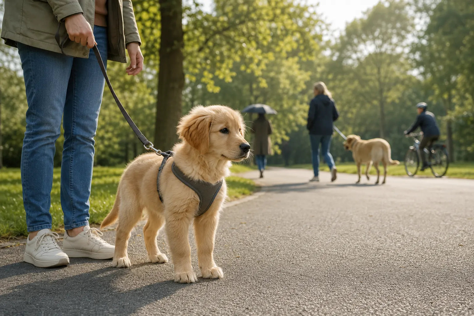Jonge puppy ontdekt ontspannen de buitenwereld met prikkels op veilige afstand